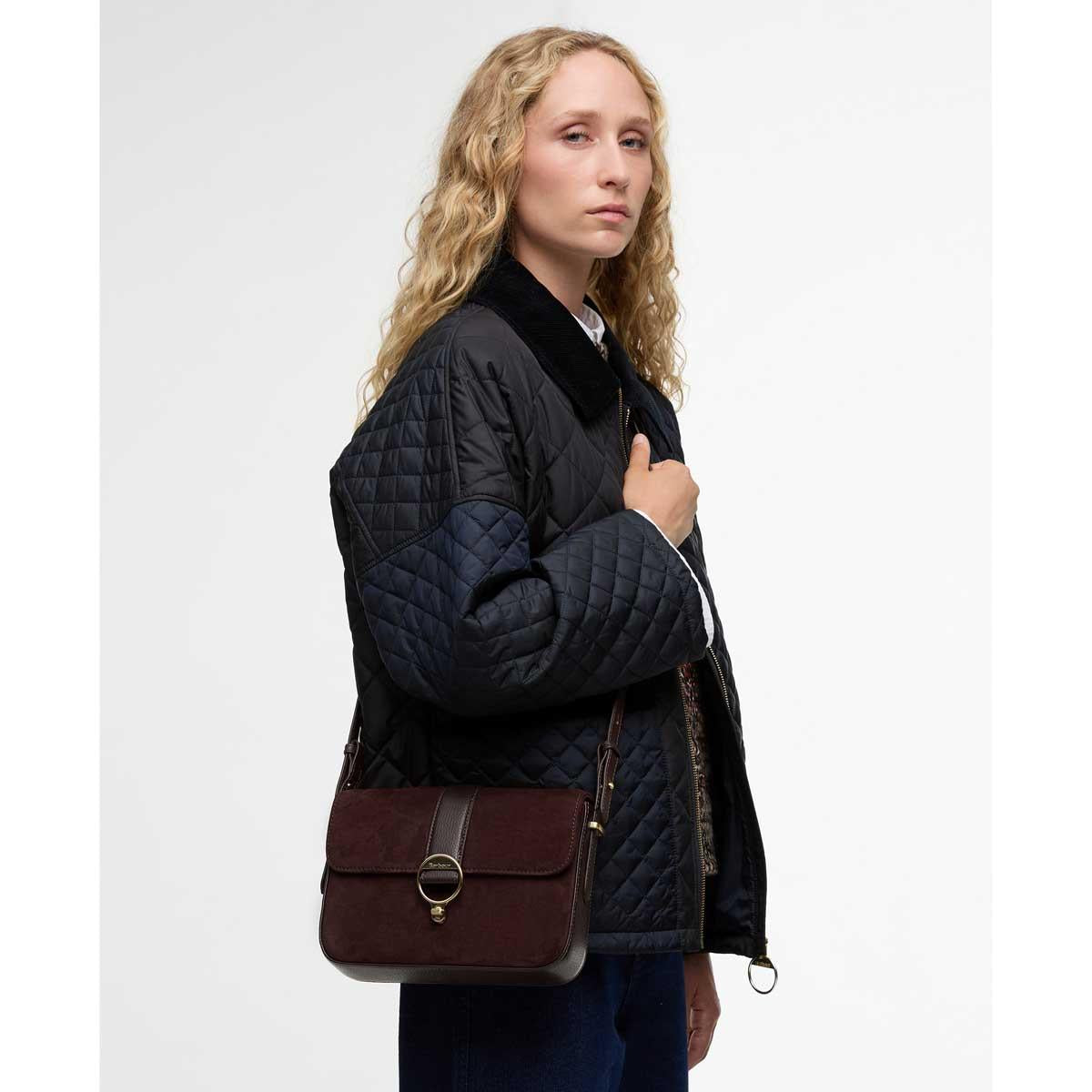 Dark Brown Barbour Womens Rosa Suede & Leather Crossbody Bag ON Model