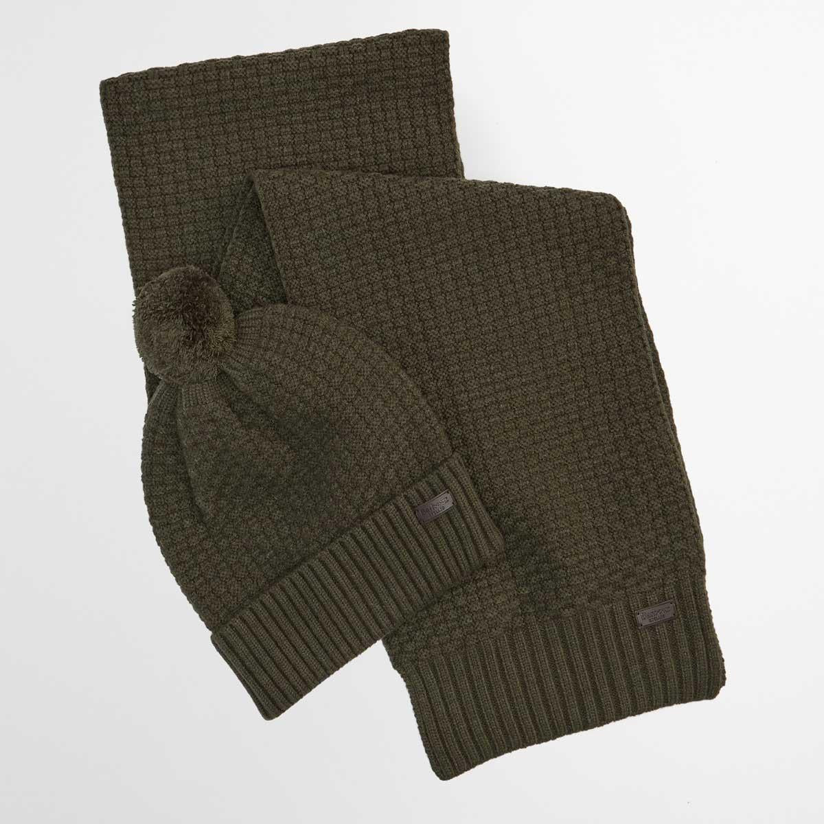 Dark Olive Barbour Mens Ramside Beanie and Scarf