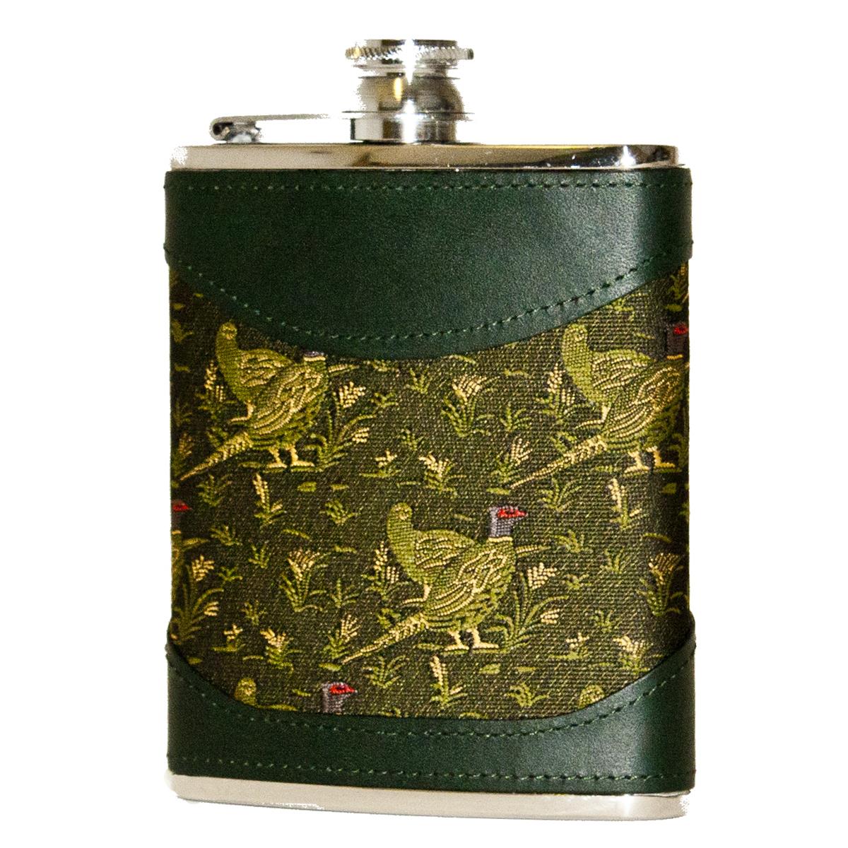 Green Bisley 6oz Pheasant Fabric & Leather Hip Flask