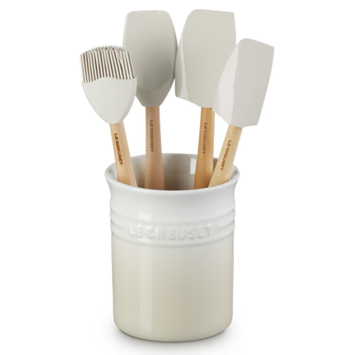 Le Creuset Stoneware Utensil Jar and Set of 4 Spatulas Meringue