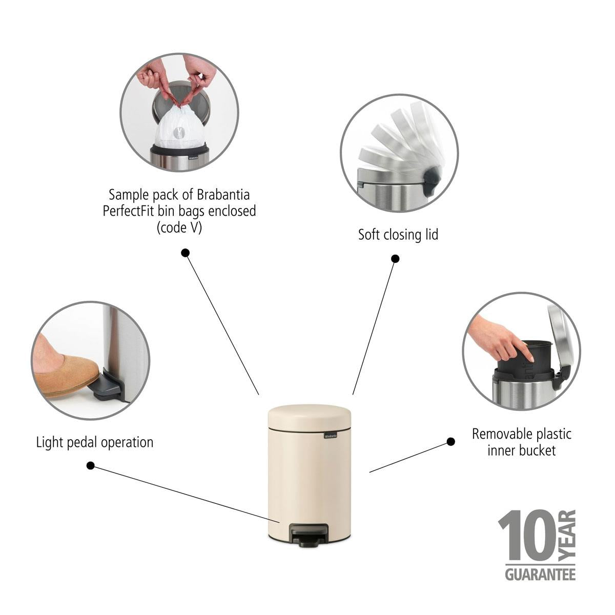Soft Beige Brabantia newIcon Pedal Bin 3 Litre Product Features