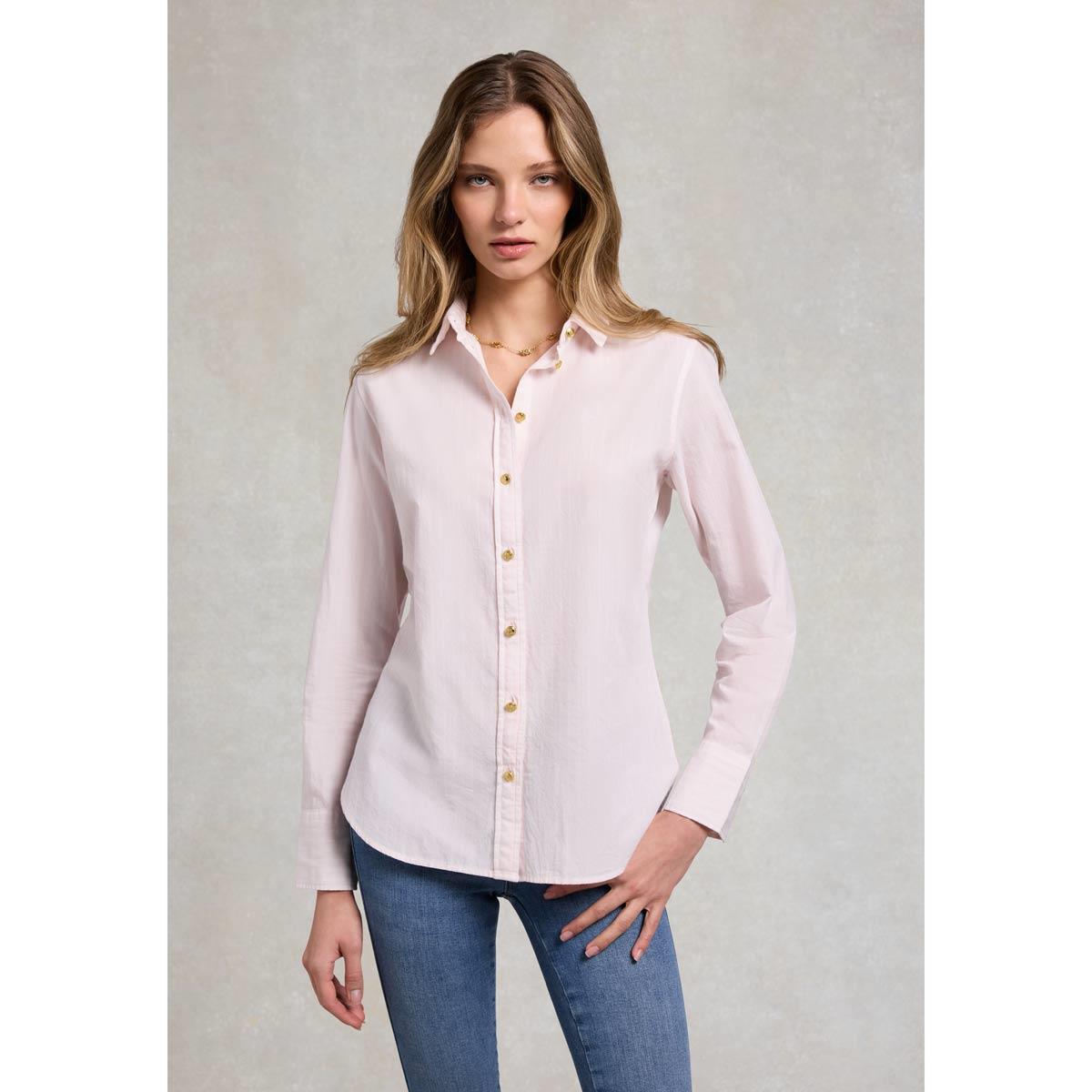 Soft Pink Stripe Holland Cooper Womens Classic Fit Shirt On Model Untucked