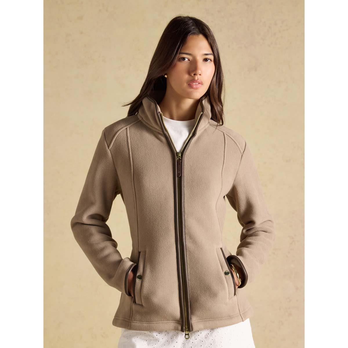 Mink Brown Joules Womens Heritage Fleece Full Zip Jacket On Model