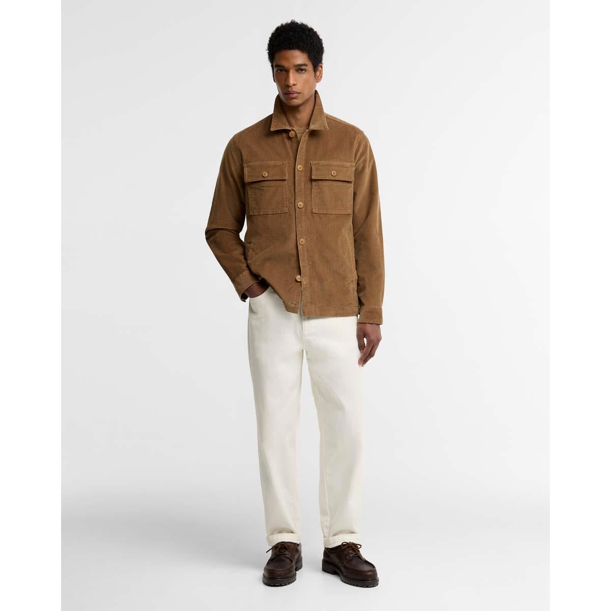 Sandstone Barbour Mens Tartan Trimmed Cord Overshirt On Model