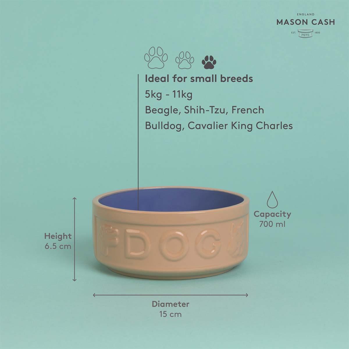 Mason Cash Cane and Blue Lettered Dog Bowl 13cm INFO