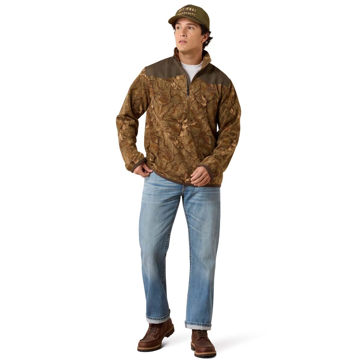 Savannah Tan Camo Ariat Mens Basics Fleece Pullover Zip Neck On Model
