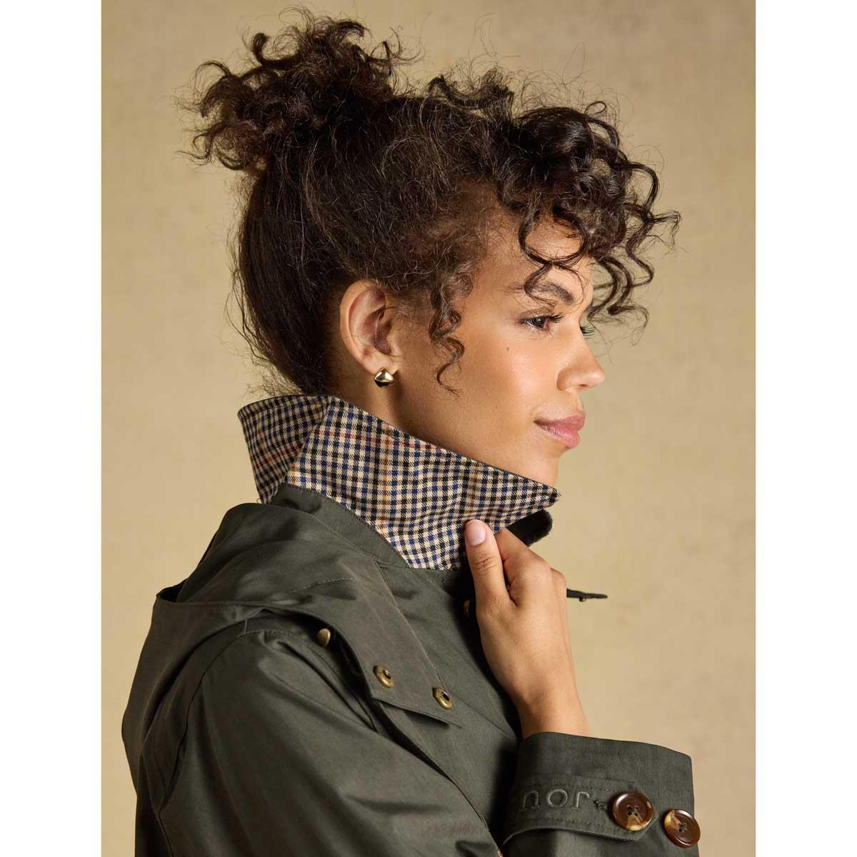 Khaki Green Joules Women's Rainmore Waterproof Coat Collar Detail