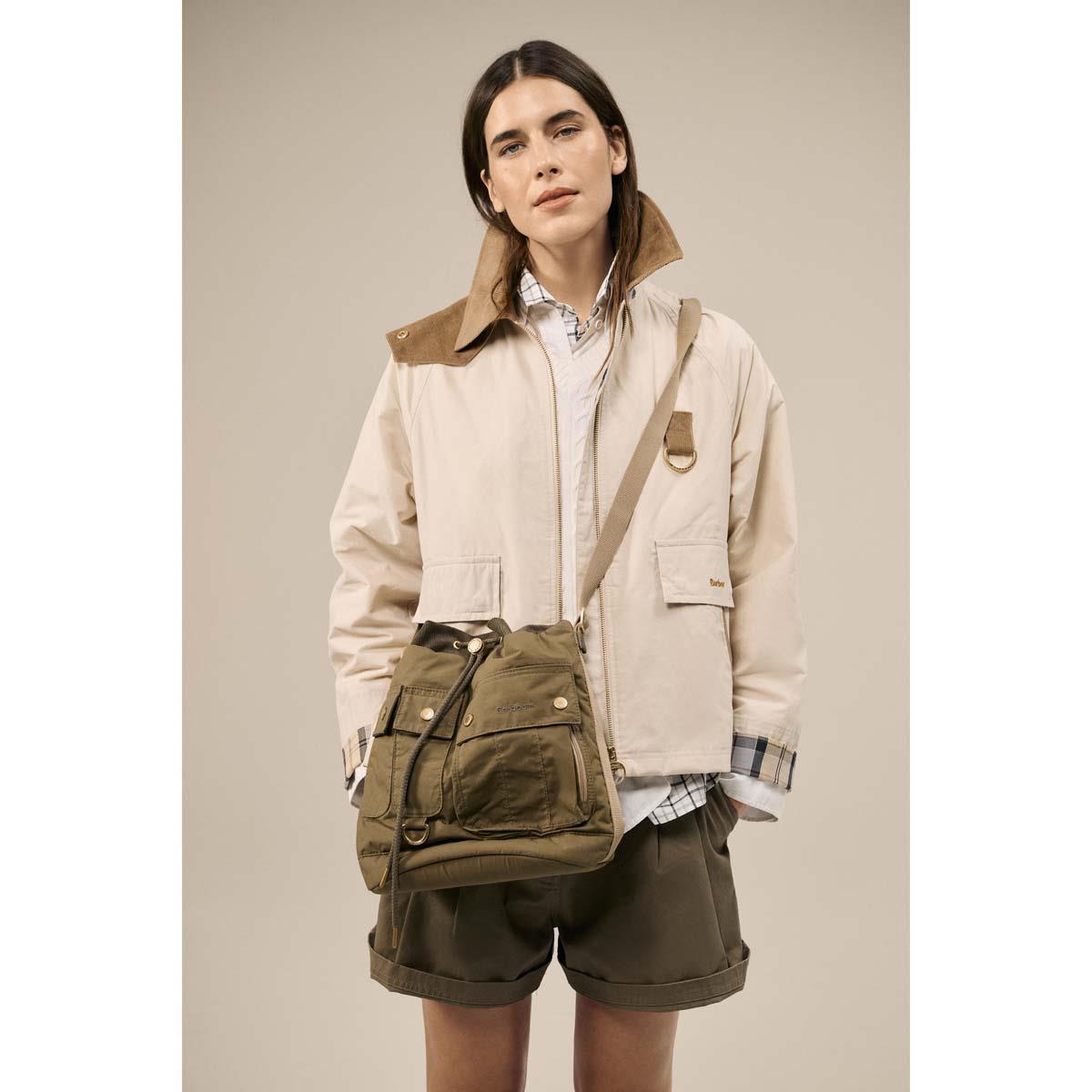 Dusky Green Barbour Mia Drawstring Tote Bag On Model