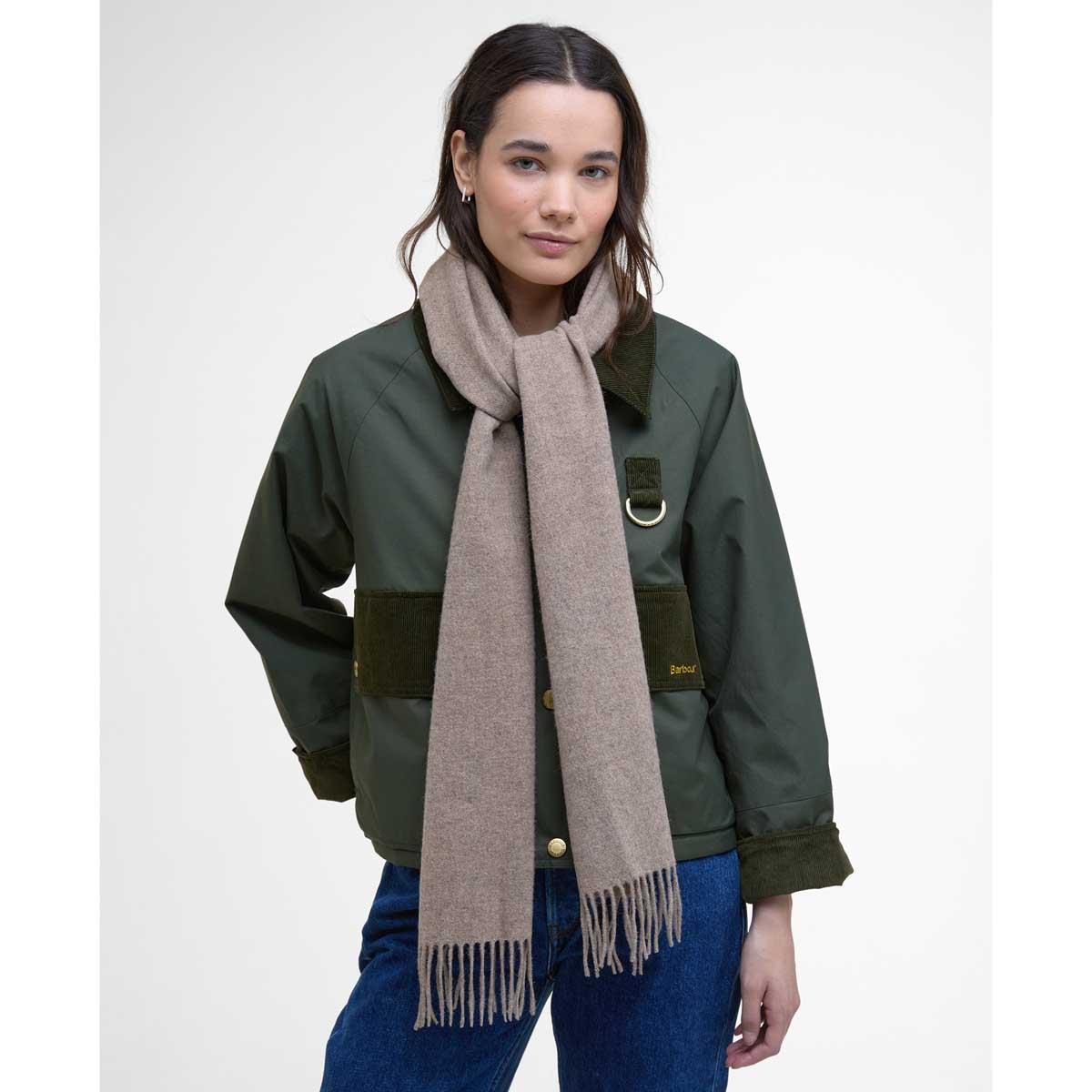 Oatmeal Barbour Womens Lambswool Woven Scarf on model