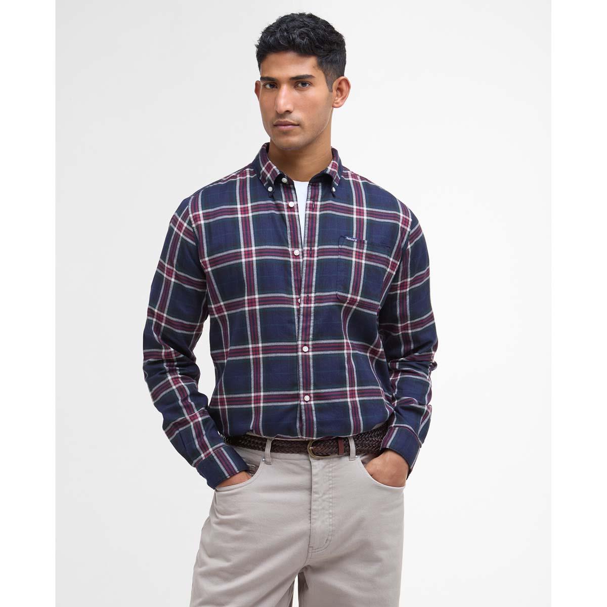 Inky Blue Barbour Mens Crossfell Tailored Shirt On Model