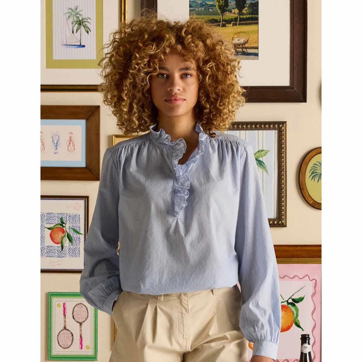 Blue/White Joules Womens Melanie Ruffle Blouse Lifestyle