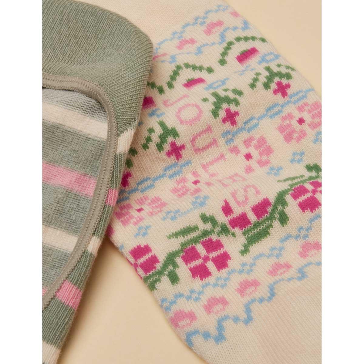 Cream/Pink/Green Joules Womens Bessie Invisible Socks 2 Pack Pattern Detail