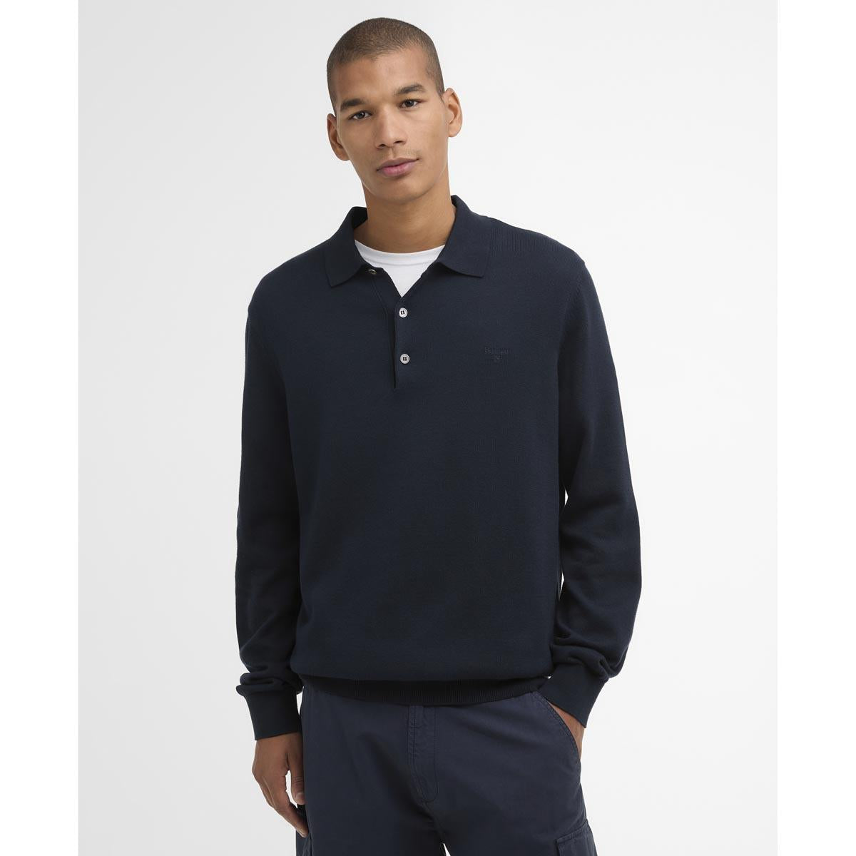 Navy Barbour Mens Pima Cotton Knitted Polo Shirt Front