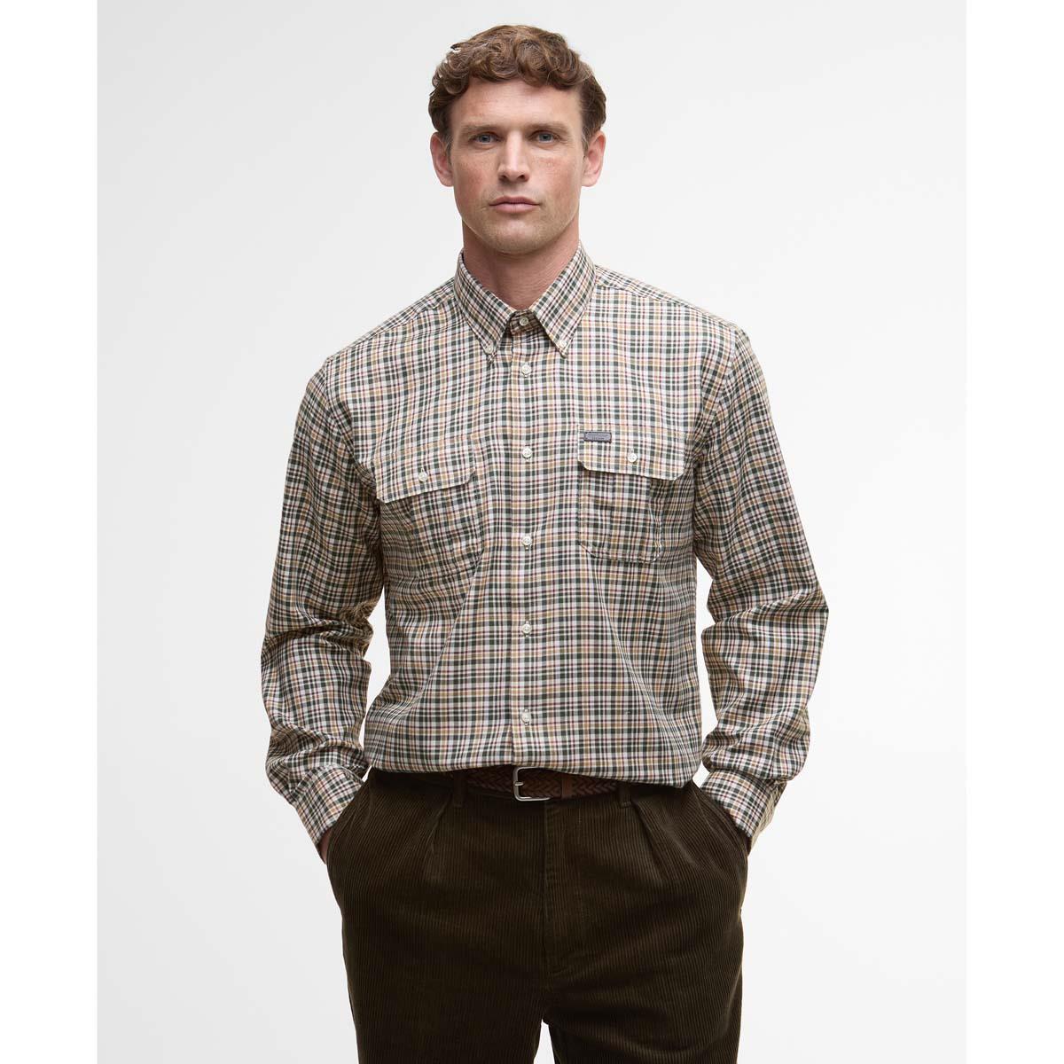 Olive Barbour Mens Panwell Thermo Weave Regular Checked Shirt Front