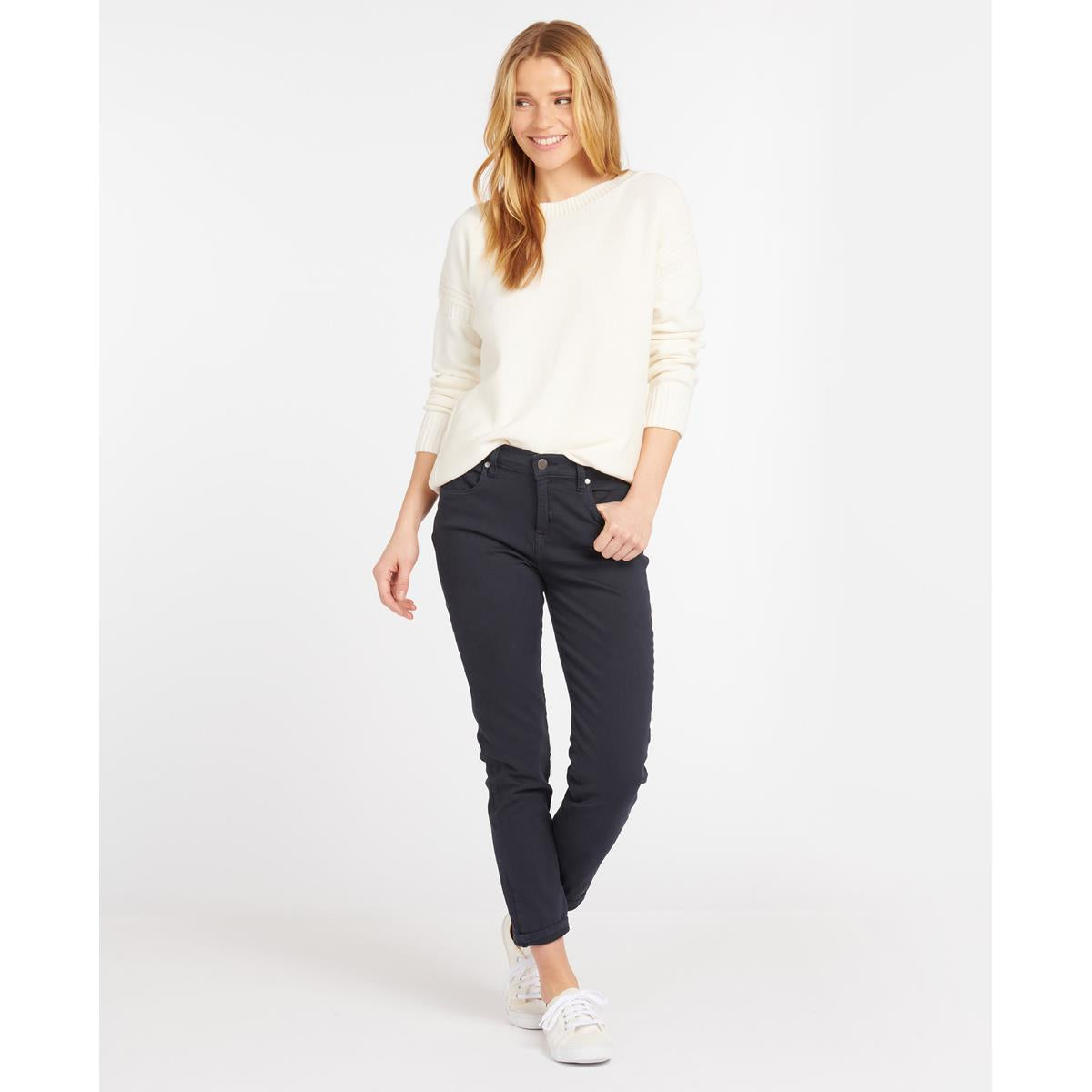 Navy Barbour Womens Essential Slim Trousers On Model