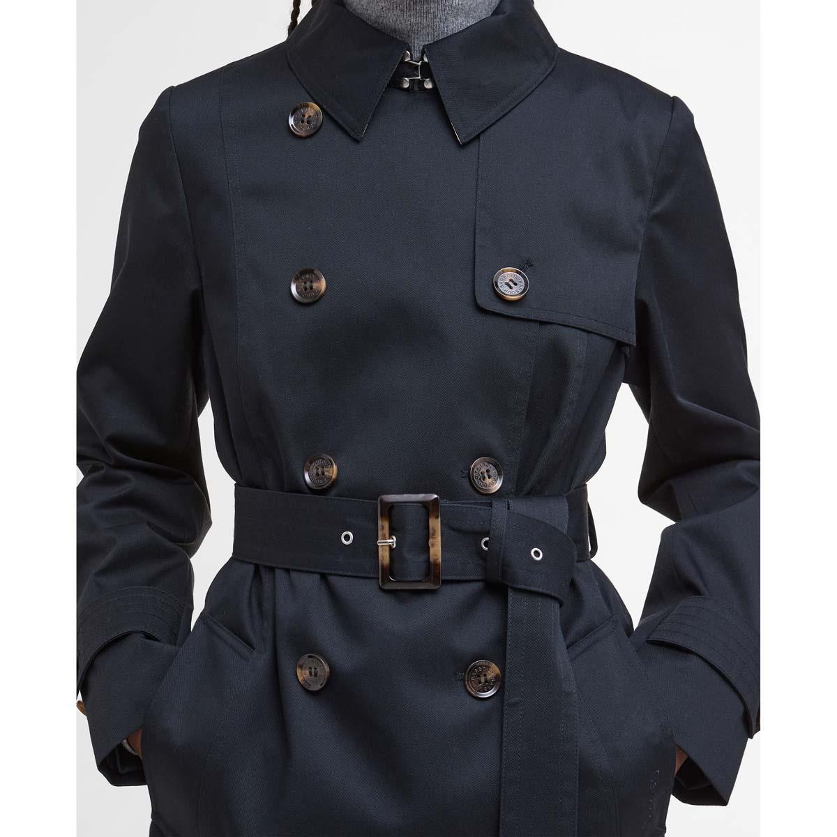 Dark Navy/Hessian Tartan Barbour Womens Short Greta Showerproof Jacket Belt