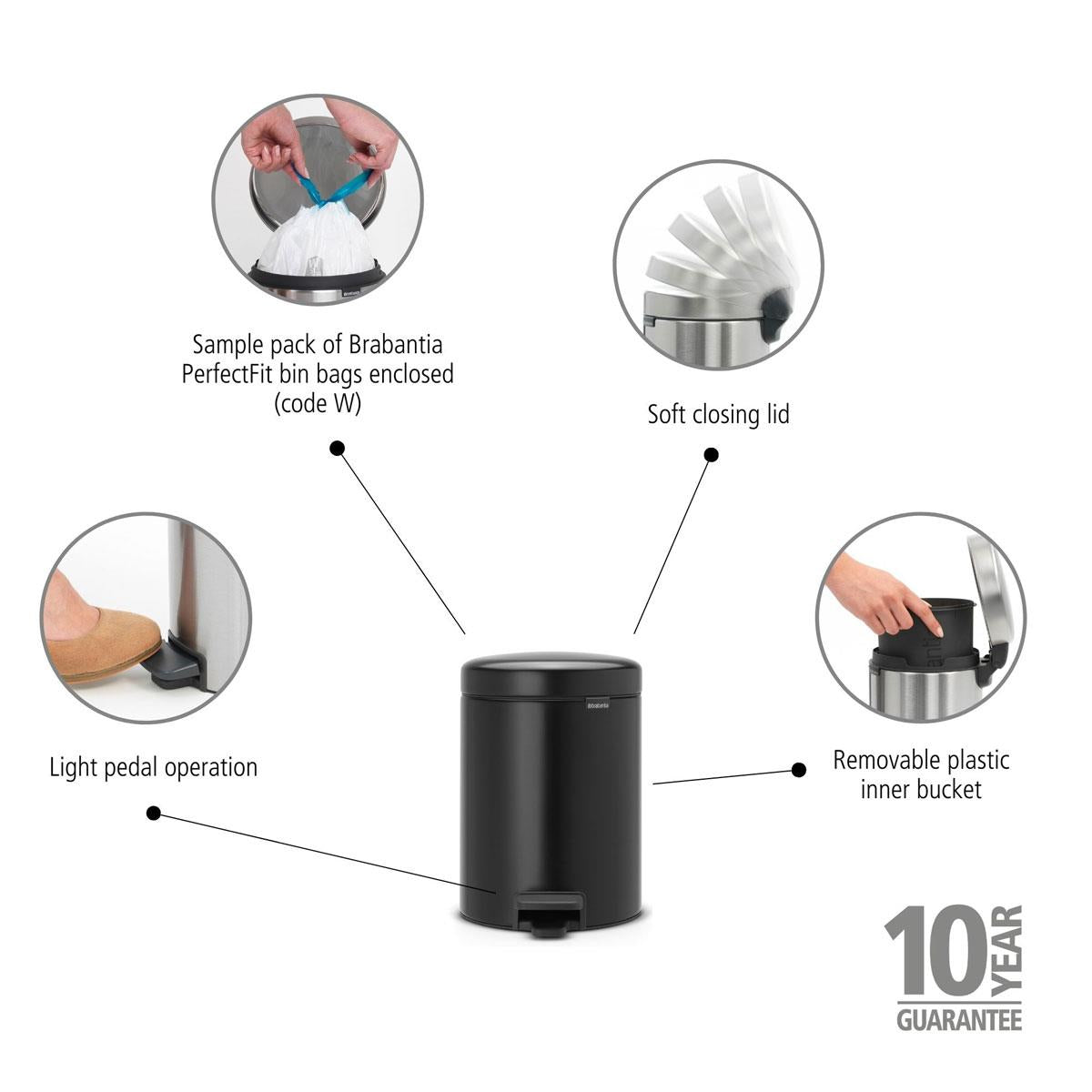 Matt Black Brabantia newIcon Pedal Bin 5 Litre Plastic Bucket Product Features