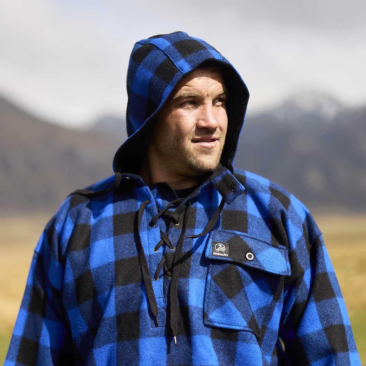 Blue/Black Swanndri Mens Original Lace Front Bushshirt Hood