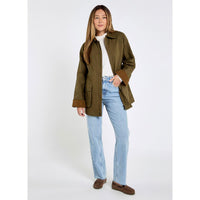 Dusky Green Dubarry Womens Delaney Wax Cotton Utility Jacket On Model
