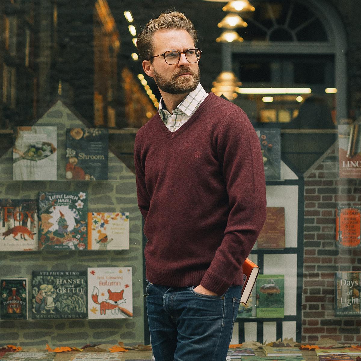 Albert and Maurice Mens Eastnor V Neck Jumper Claret