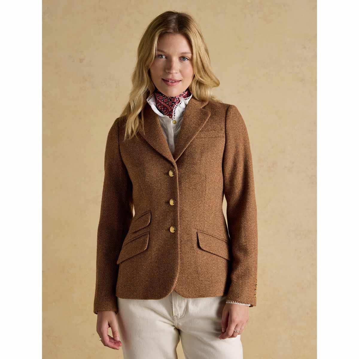 Brown Herringbone Joules Womens Canterly Tweed Hacking Jacket On Model