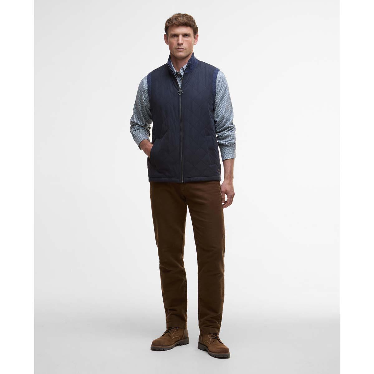 Navy Barbour Mens Shoveler Knitted Gilet On Model