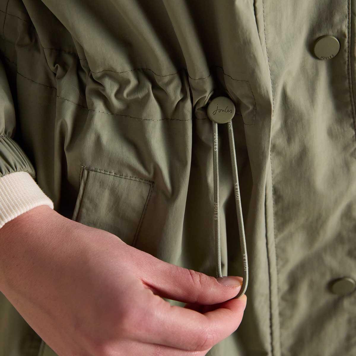 Khaki Green Joules Womens Hensley Longline Waterproof Coat Waist Detail