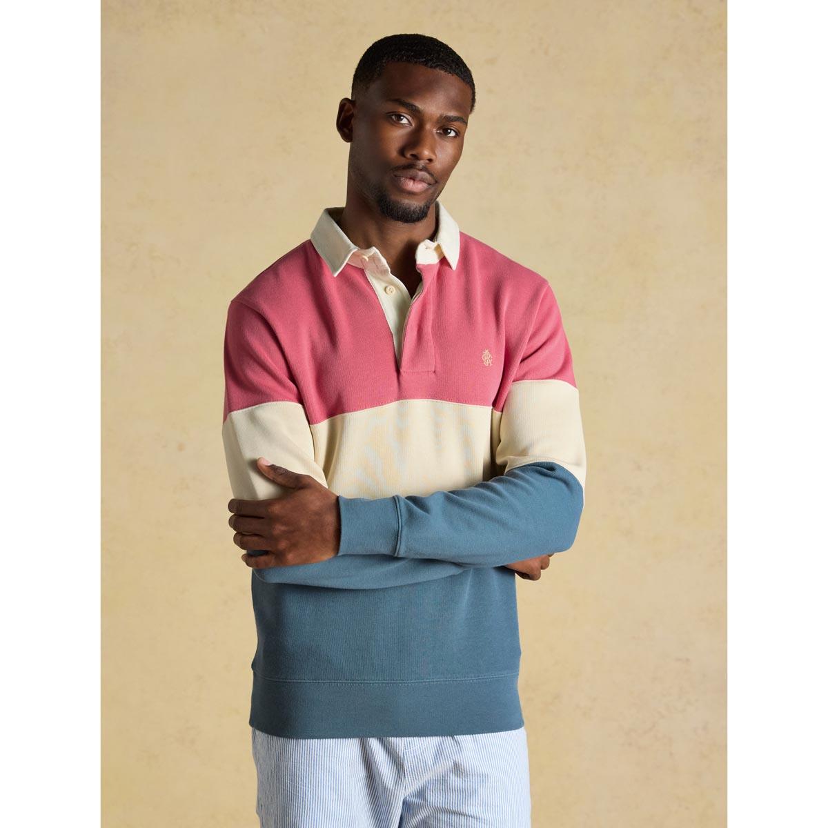 Blue/Pink Joules Mens French Rib Rugby Shirt On Model