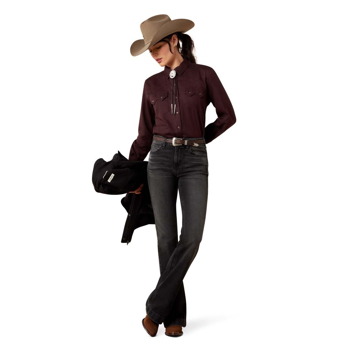 Chocolate Plum Ariat Womens Earthbound Western Snap Shirt On Model