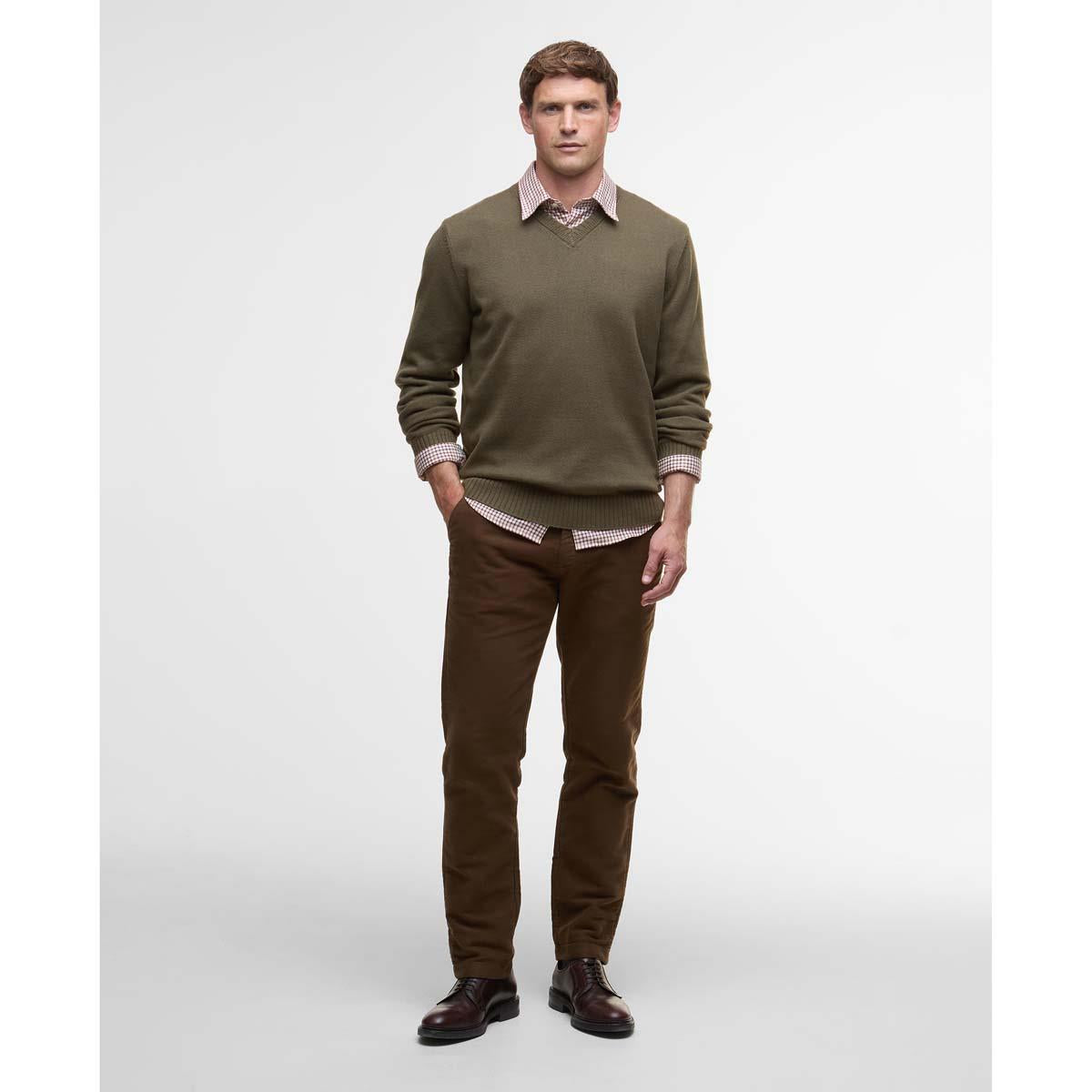 Olive Barbour Mens Kelson V-Neck Knitted Sweater On Model