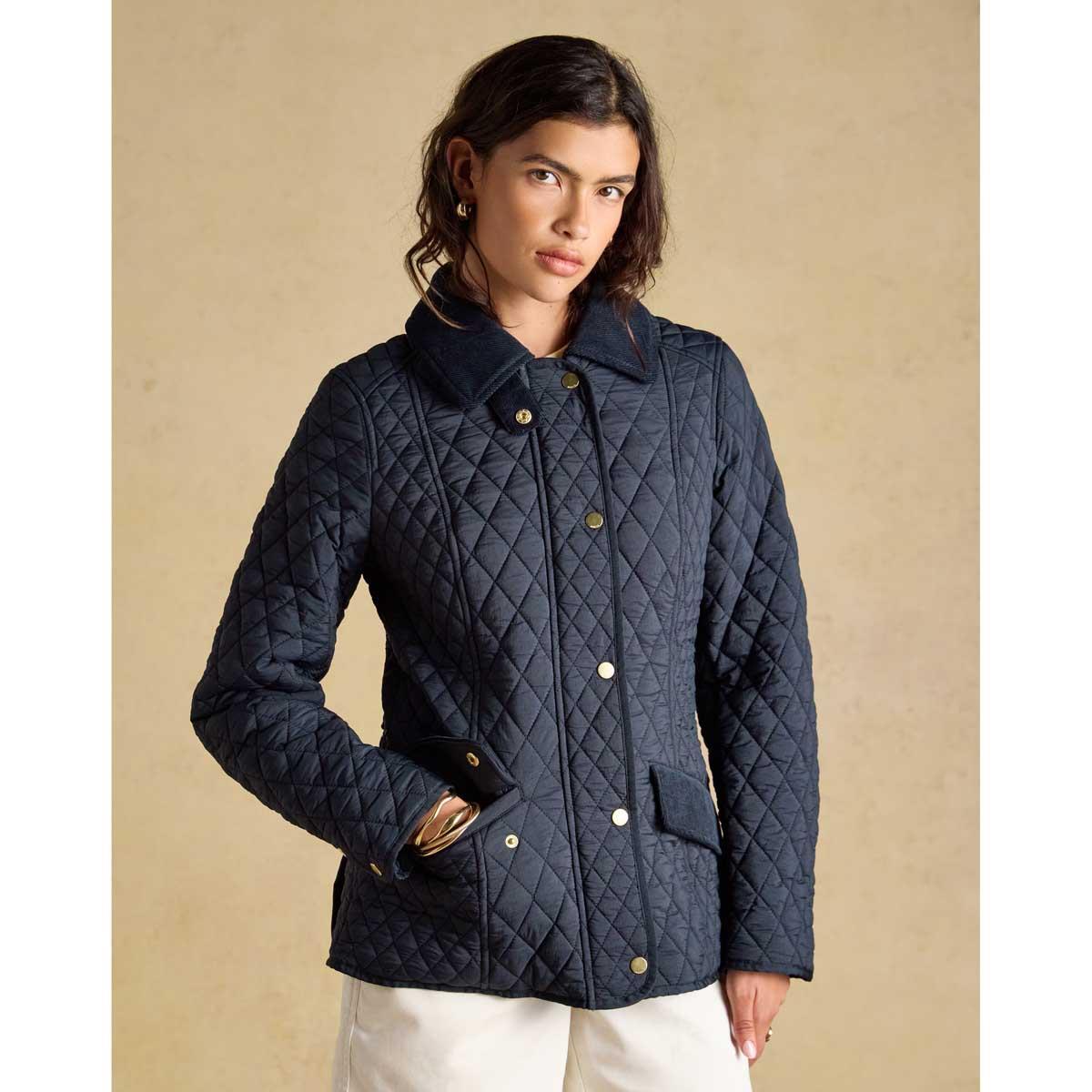 Navy Joules Womens Highclere Showerproof Quilted Jacket Fastened