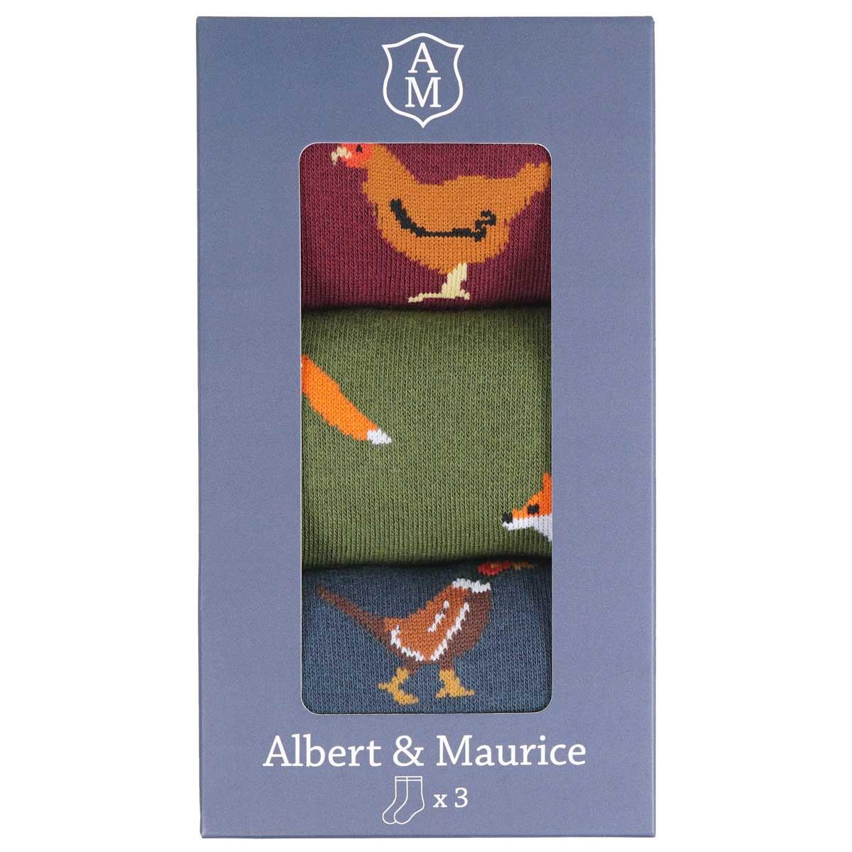 Albert and Maurice Mens Socks Gift Set Pack Of 3 Red Chicken/Green Fox/Blue Pheasant