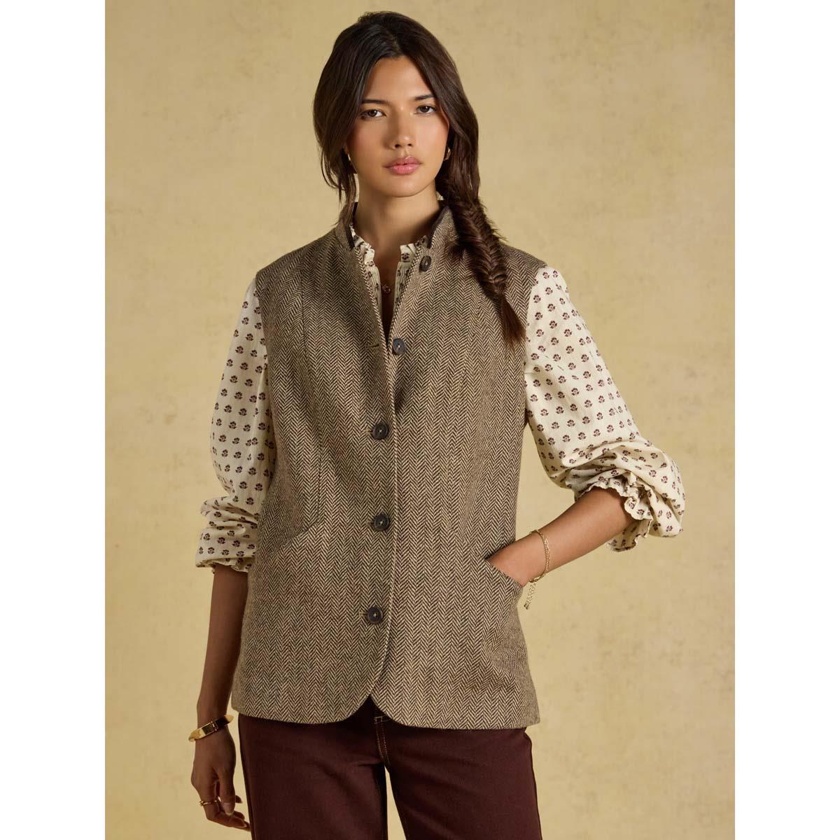Joules Womens Nehru Collar Tweed Gilet