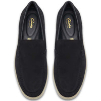Navy Suede Clarks Mens Torford Easy Loafers Top View