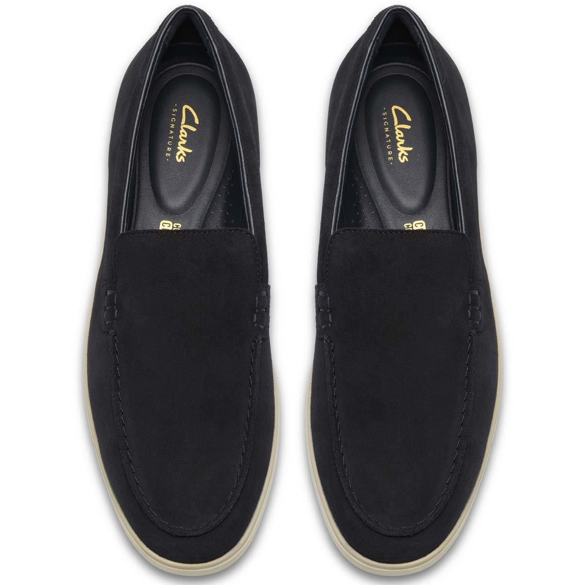 Navy Suede Clarks Mens Torford Easy Loafers Top View