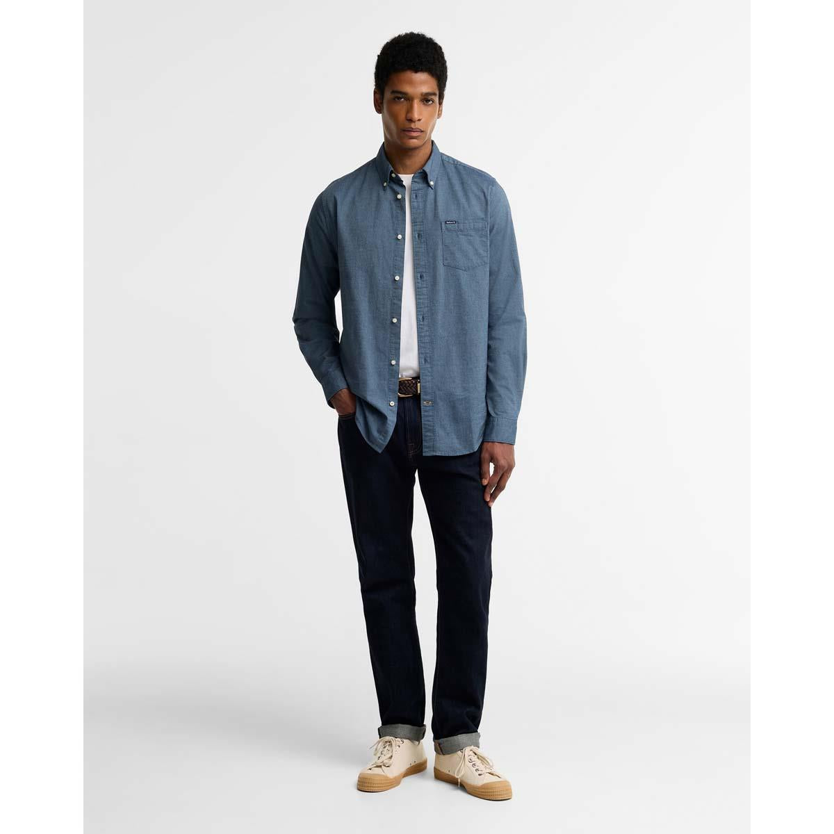 Tarn Blue Barbour Mens Marsden Tailored Oxford Shirt On Model