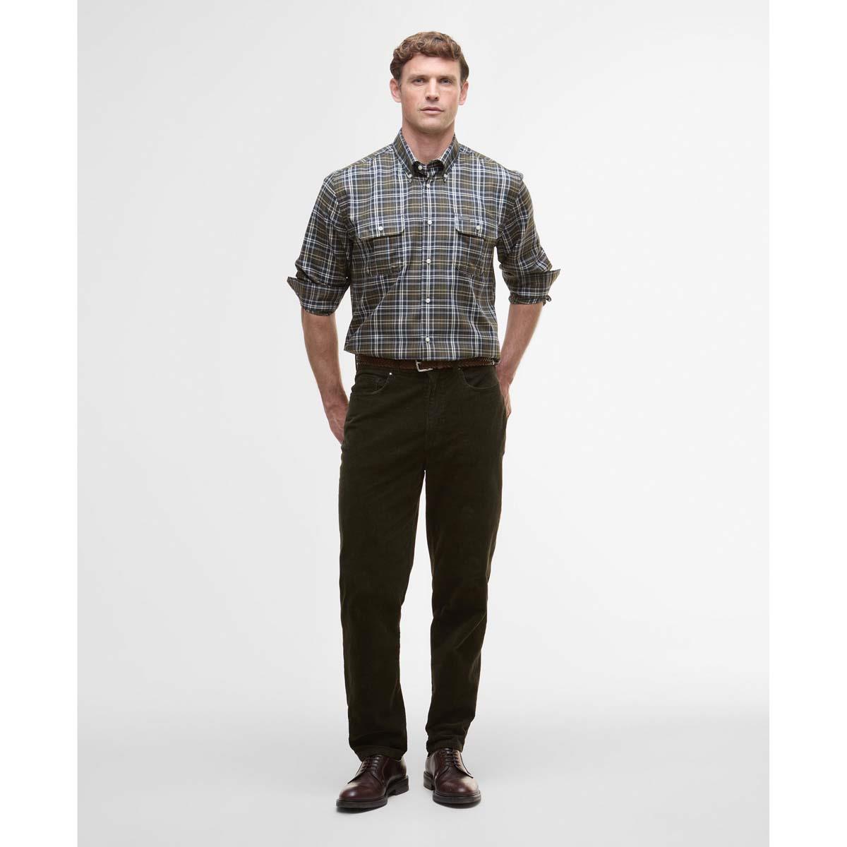 Olive Barbour Mens Saldon Thermo Weave Regular Checked Shirt On Model