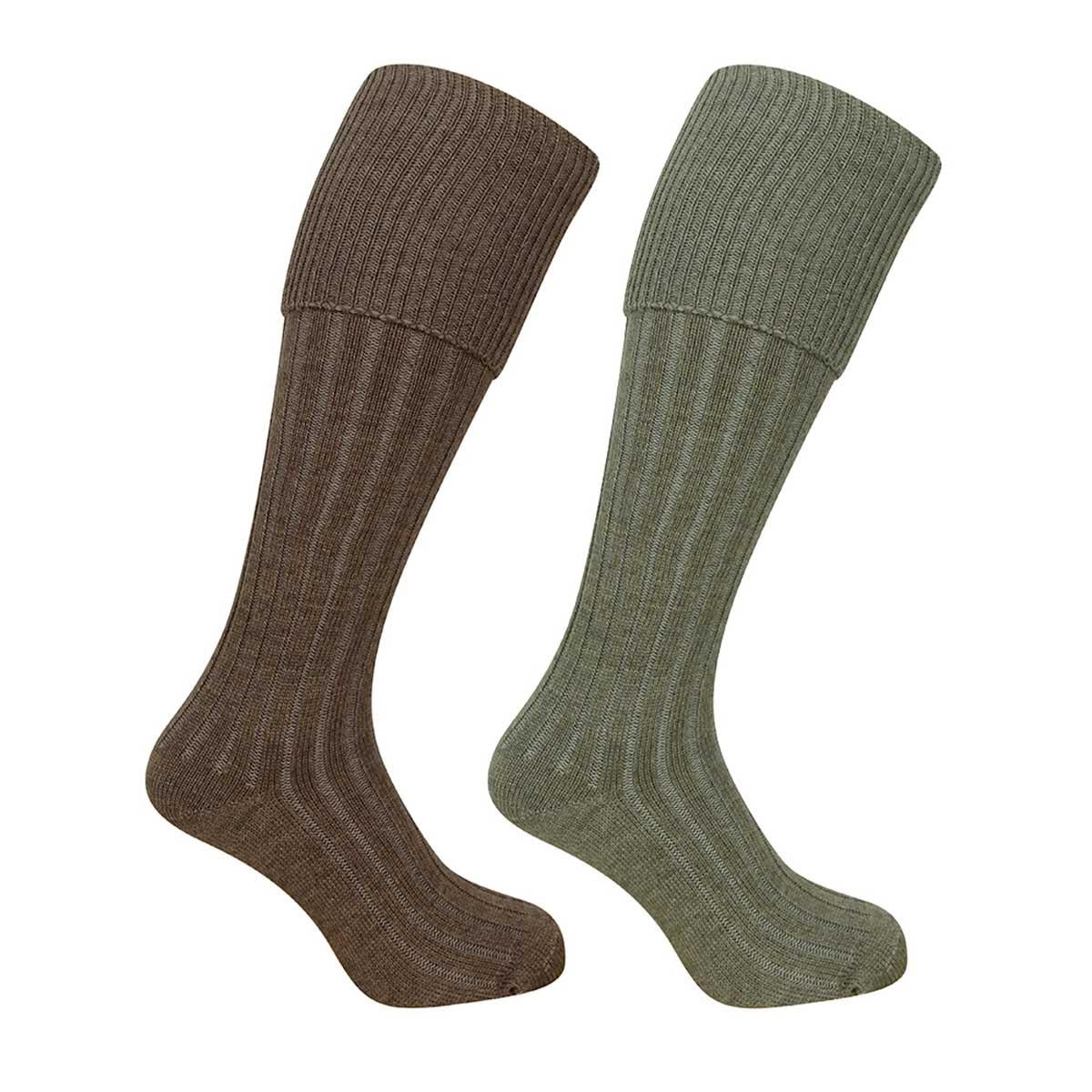 Lovat Marl/Oatmeal Hoggs Of Fife Mens 1902 Plain Turnover Top Stockings Twin Pack