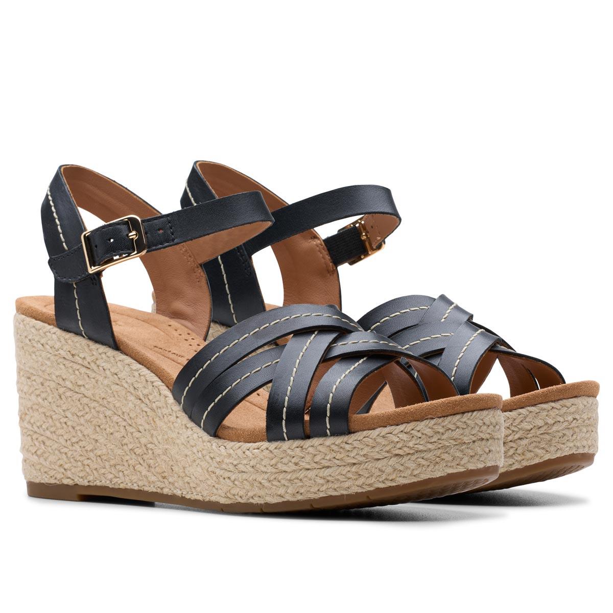 Black leather Clarks Womens Sabina Strap Espadrille