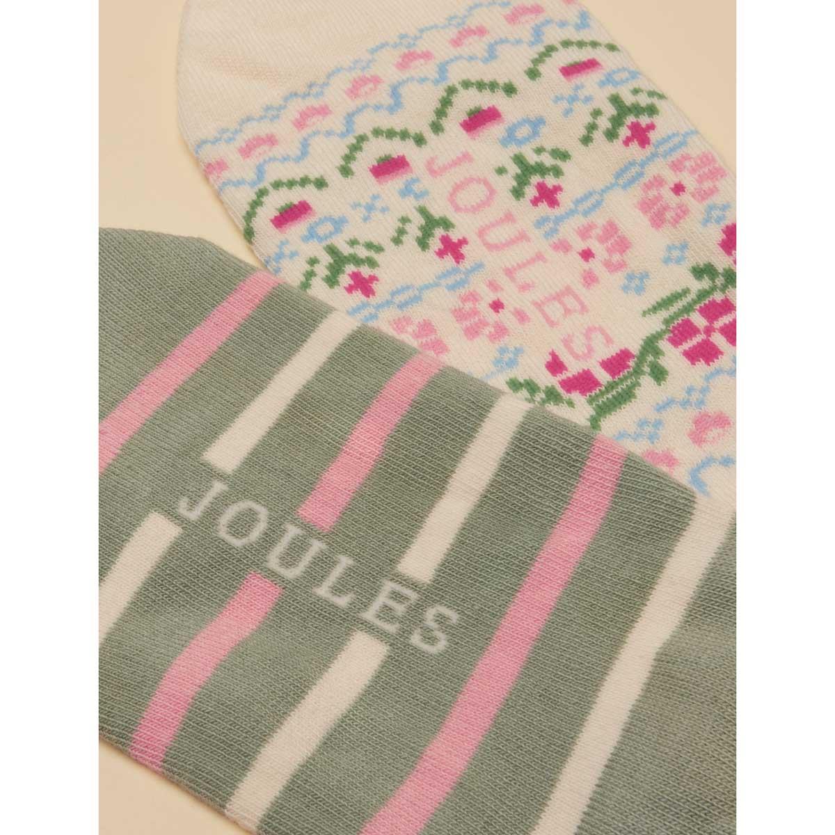 Cream/Pink/Green Joules Womens Bessie Invisible Socks 2 Pack Detail