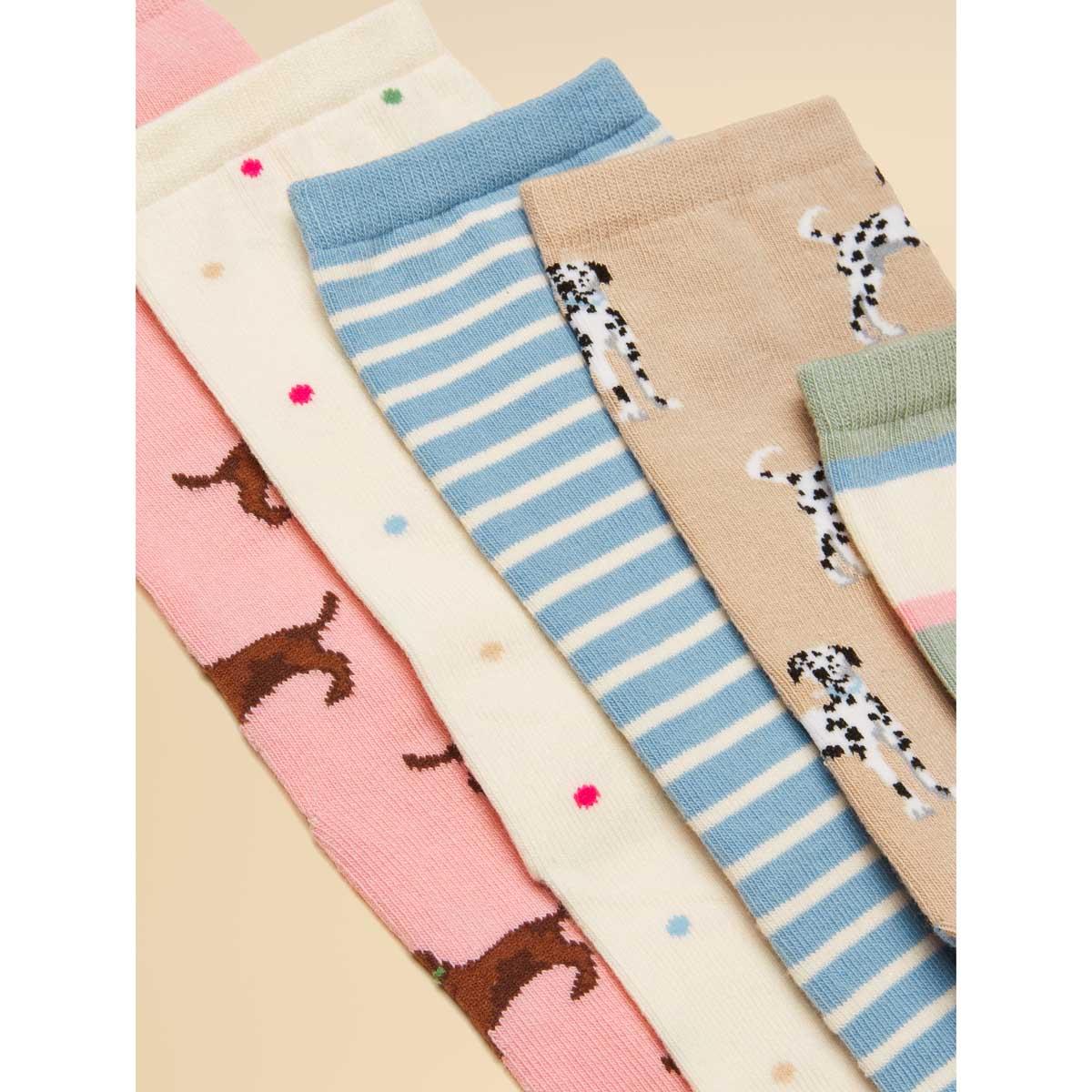 Multi/Ecru/Dog Joules Womens Everyday Ankle Socks 5 Pack Detail