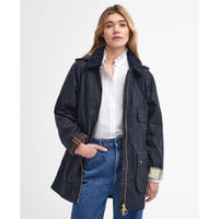 Navy Barbour Womens Highcleere Wax Jacket ON Model