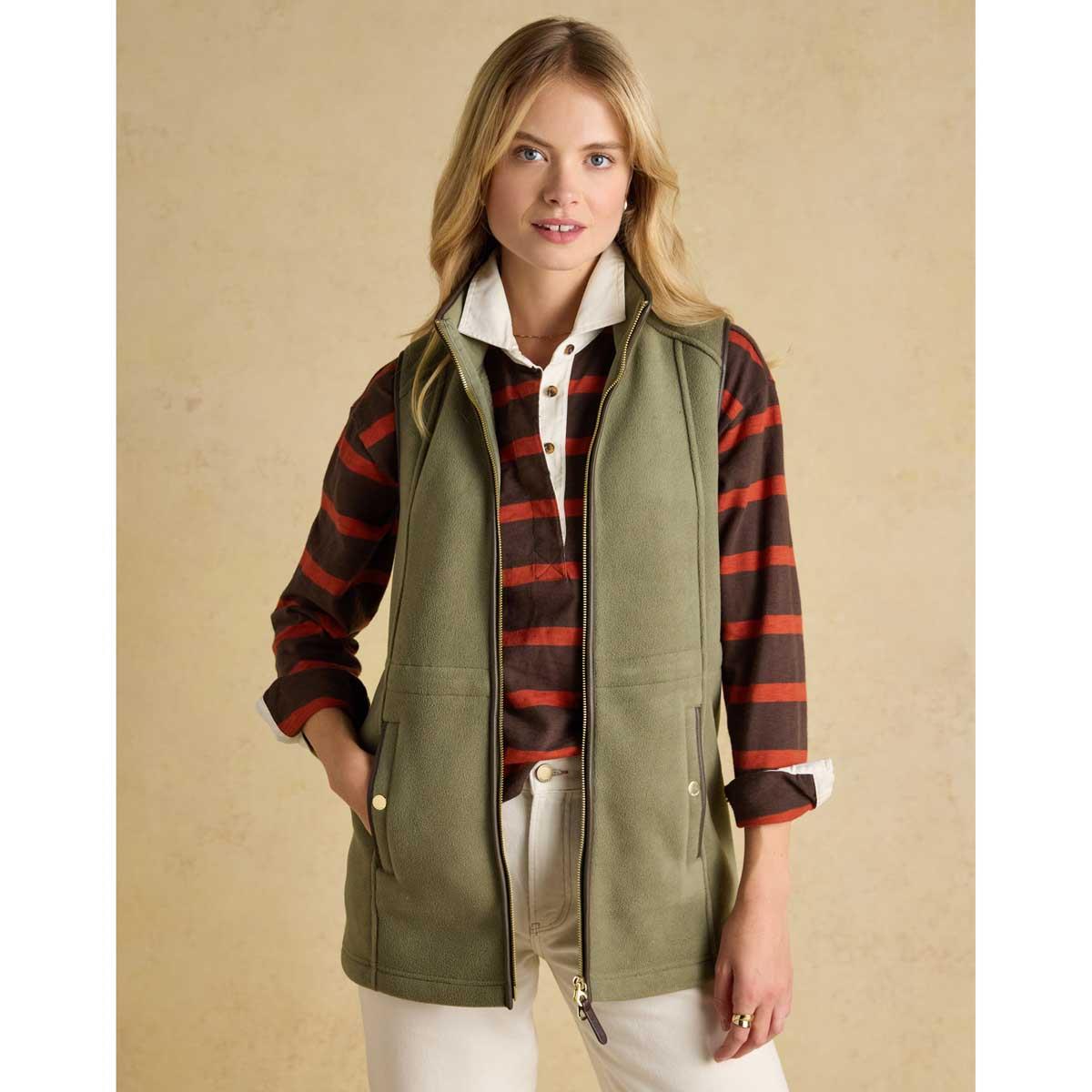 Light Green Joules Womens Heritage Longline Fleece Gilet On Model