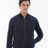 Navy Barbour Mens Essential Box Quilt Zip Through Knitted Cardigan On Model Zipped