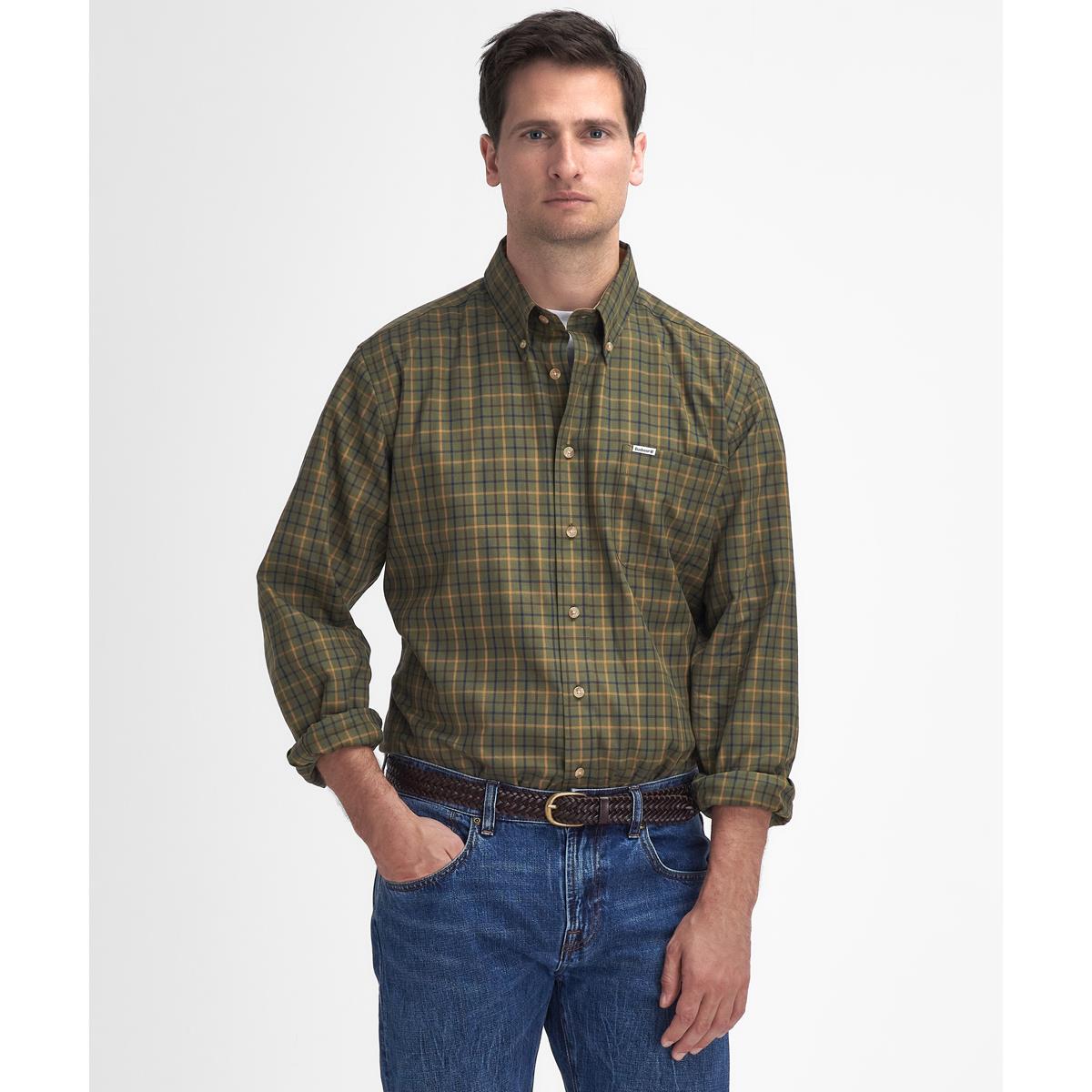 Deep Olive Barbour Mens Sporting Tattersall Regular Shirt Front