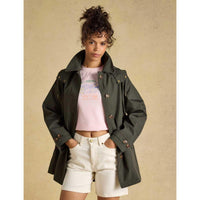 Khaki Green Joules Women's Rainmore Waterproof Coat On Model