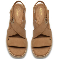 Tan Nubuck Clarks Womens Kidiki Sun Wedge Sandals Top View