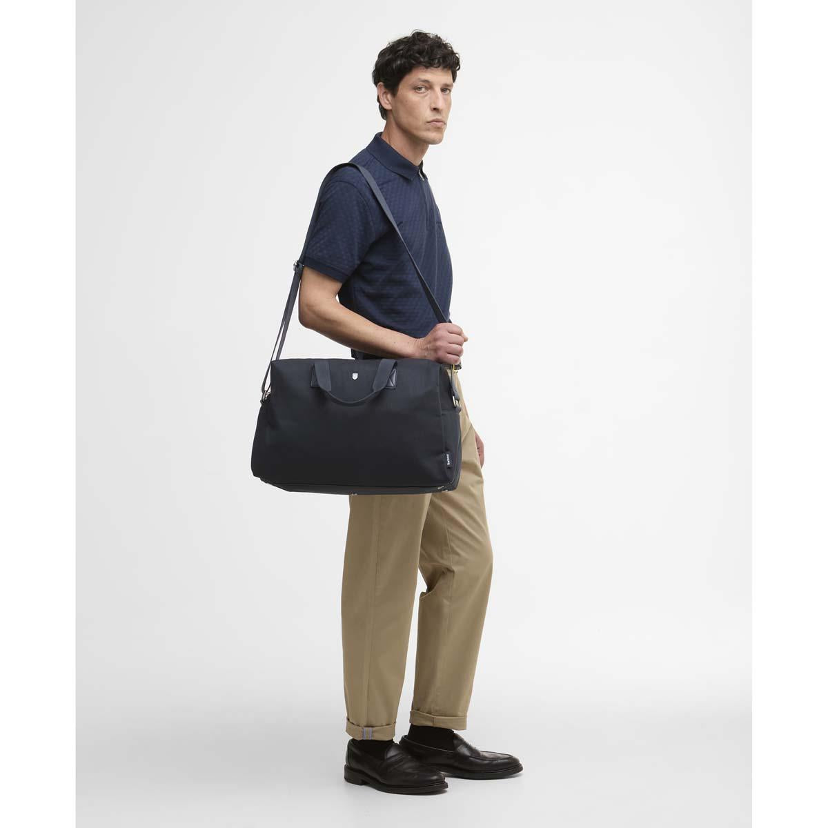 Navy Barbour Cascade Flight Bag On Model