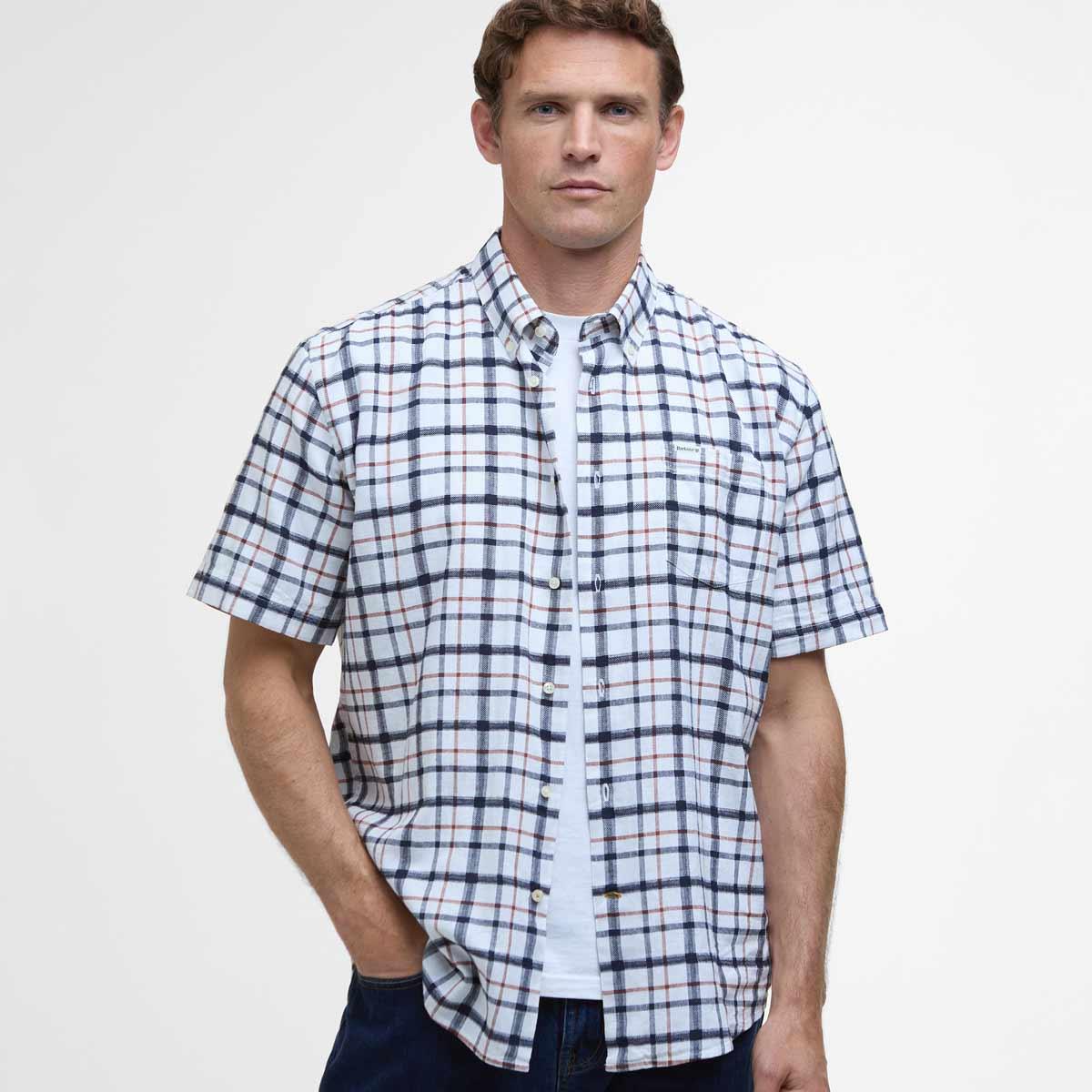 Navy Barbour Mens Glover Short Sleeve Linen Blend Regular Fit Shirt Front