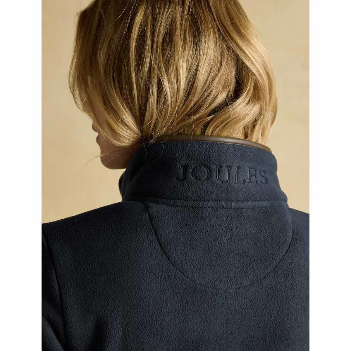 Navy Joules Womens Heritage Longline Fleece Jacket On Model Back Collar Detail